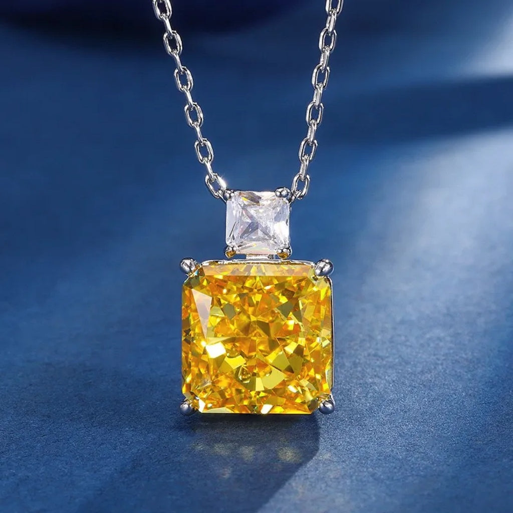 Square-Cut Golden Cubic Zirconia Pendant Necklace with Clear Accent Stone — view 2