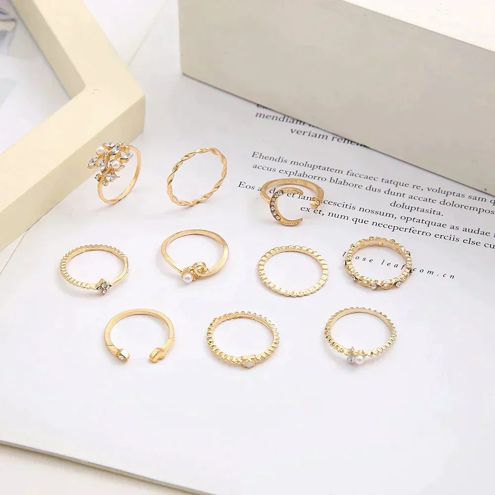 10-Piece Stackable Ring Set with Celestial, Floral & Pearl Accents — view 2