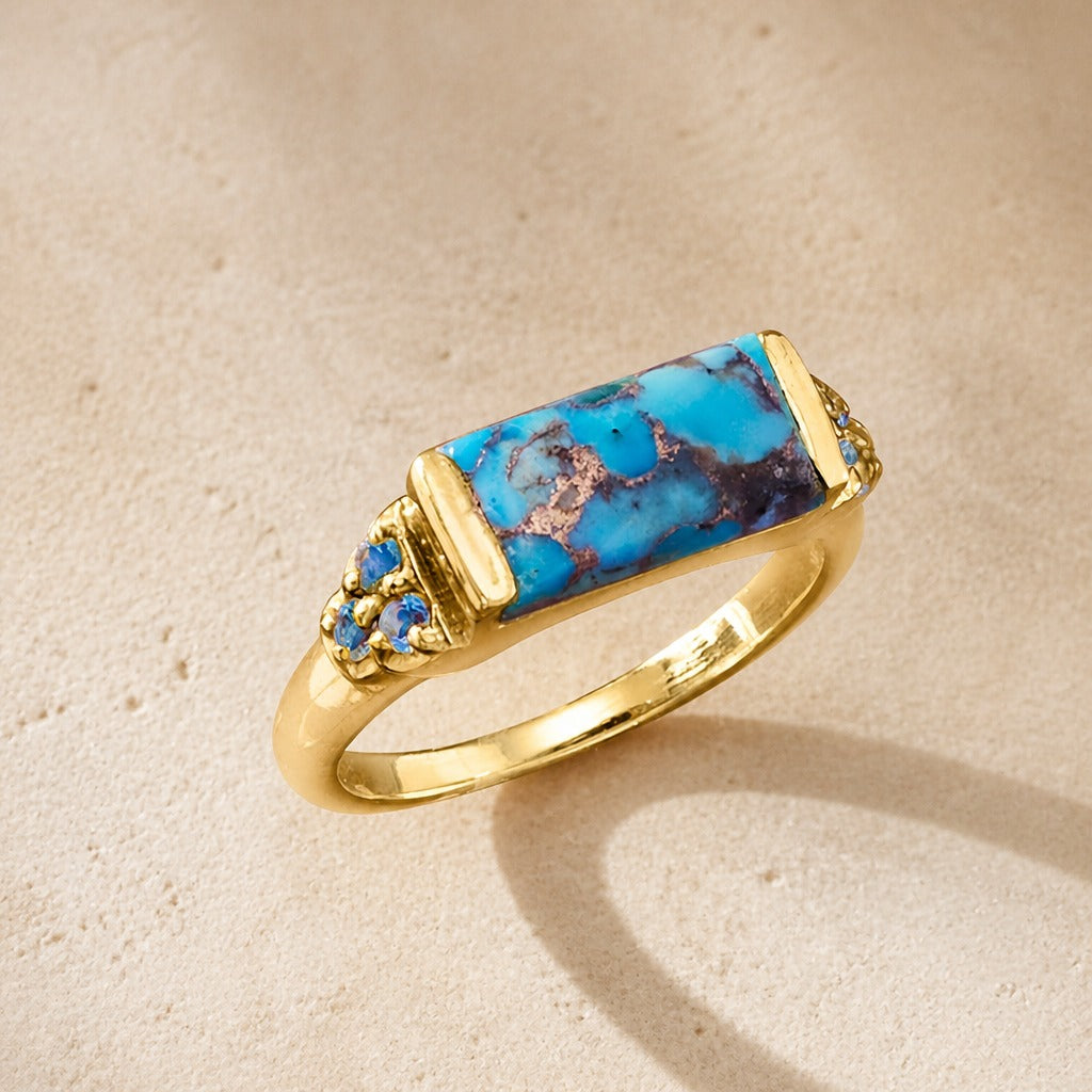 Rectangular Turquoise Inlay Ring with Copper Band and Gold Plated Accents — main image