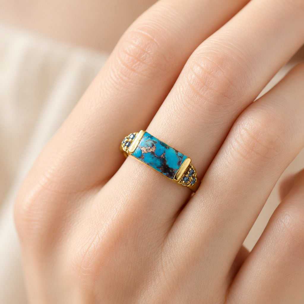 Rectangular Turquoise Inlay Ring with Copper Band and Gold Plated Accents — view 2