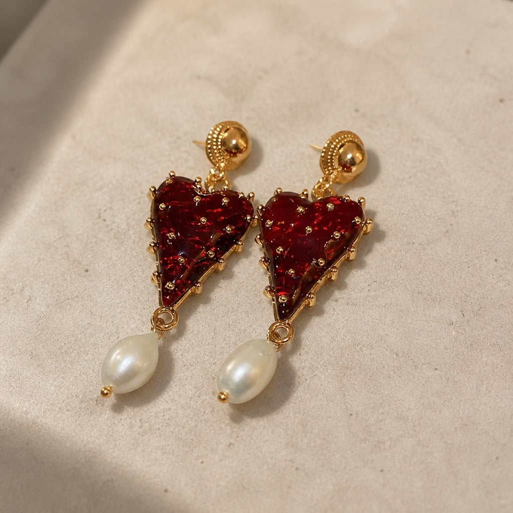 Heart-Shaped Ruby Red Drop Earrings with Pearl Accent — view 2