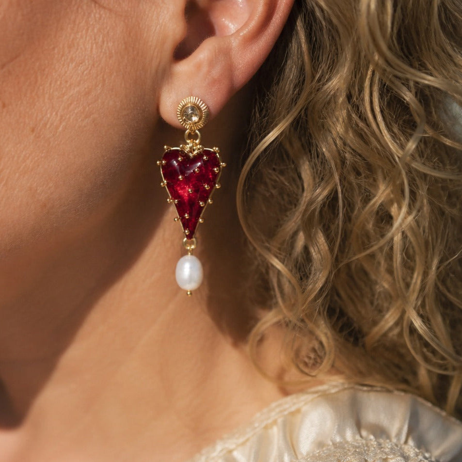 Heart-Shaped Ruby Red Drop Earrings with Pearl Accent — main image