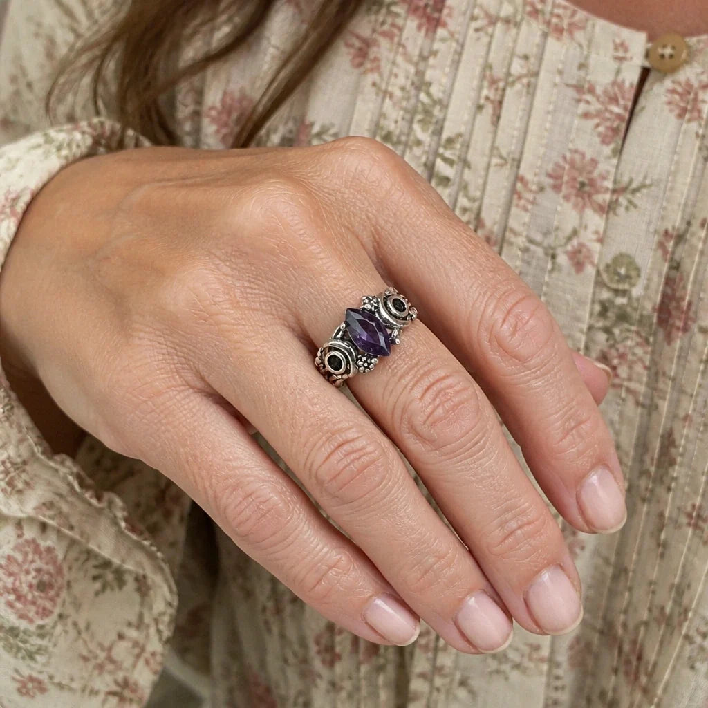 Marquise Amethyst Ring with Filigree Band and Onyx-Tone Accents