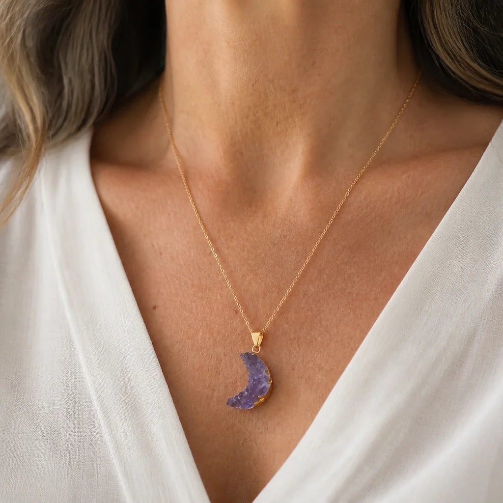 Crescent Moon Amethyst Pendant Necklace with Gold-Tone Chain