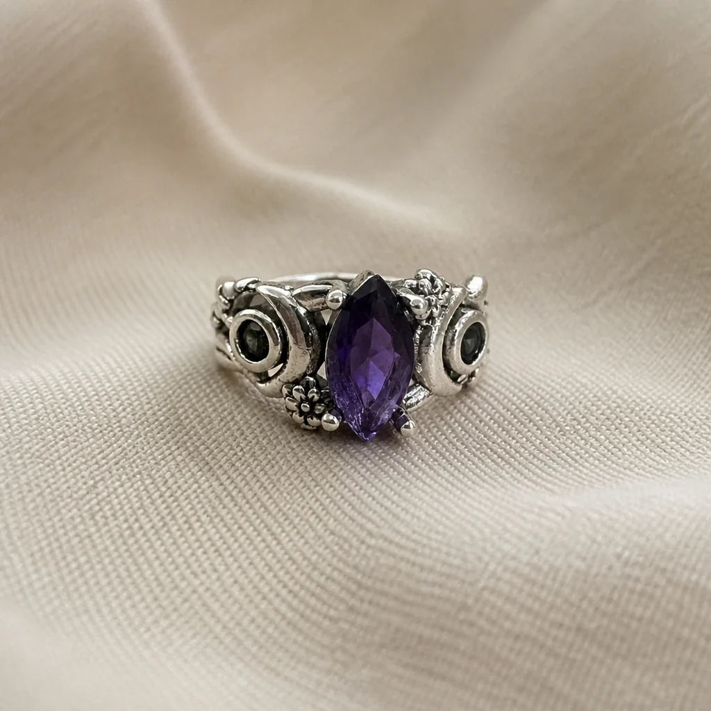 Marquise Amethyst Ring with Filigree Band and Onyx-Tone Accents