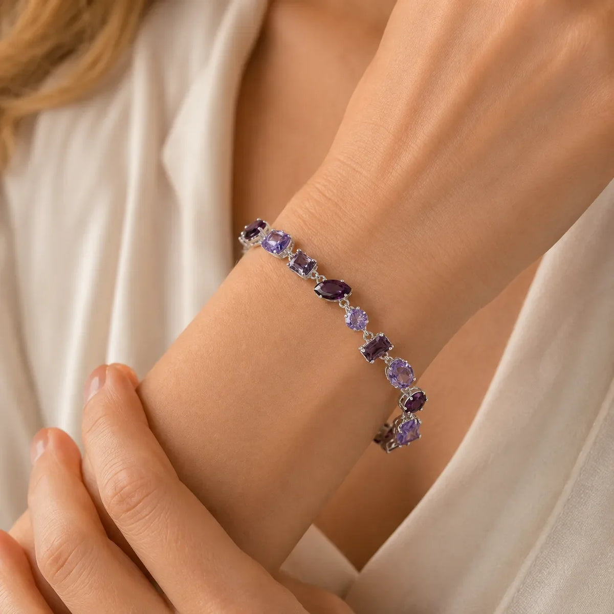 Graduated Amethyst Tennis Bracelet with Mixed-Cut Faceted Stones
