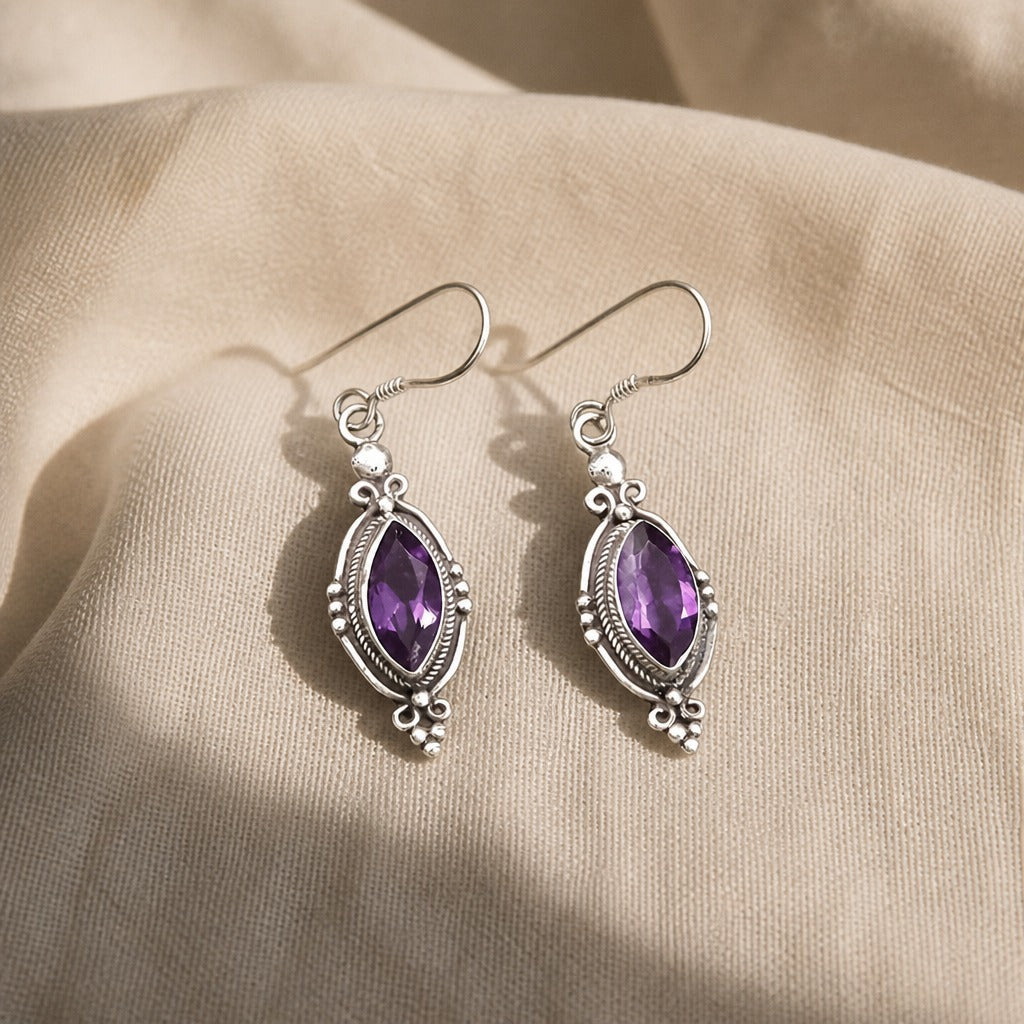Marquise Amethyst Drop Earrings with Ornate Silver-Tone Filigree