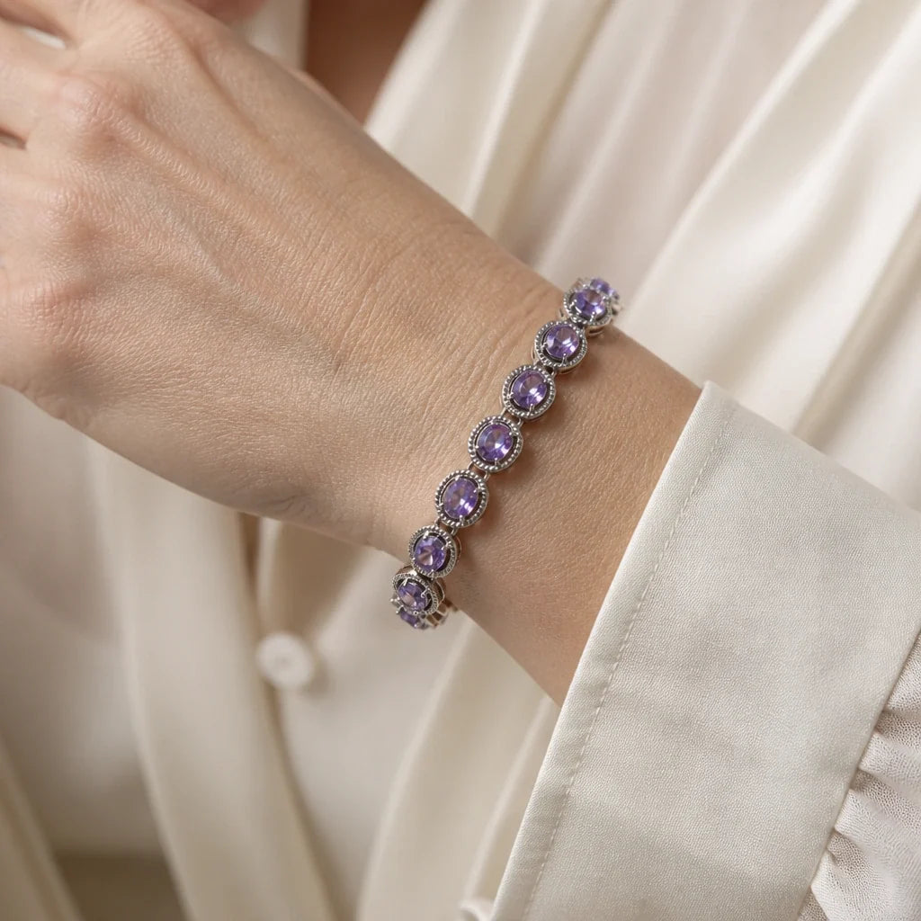 Oval Amethyst Link Bracelet with Rope-Twist Border Settings