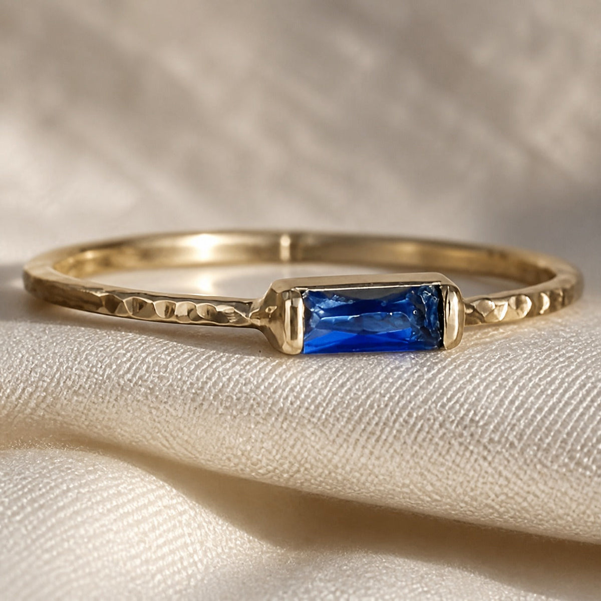 Vintage Baguette Cubic Zirconia Ring, Bezel-Set with Hammered Band — main image