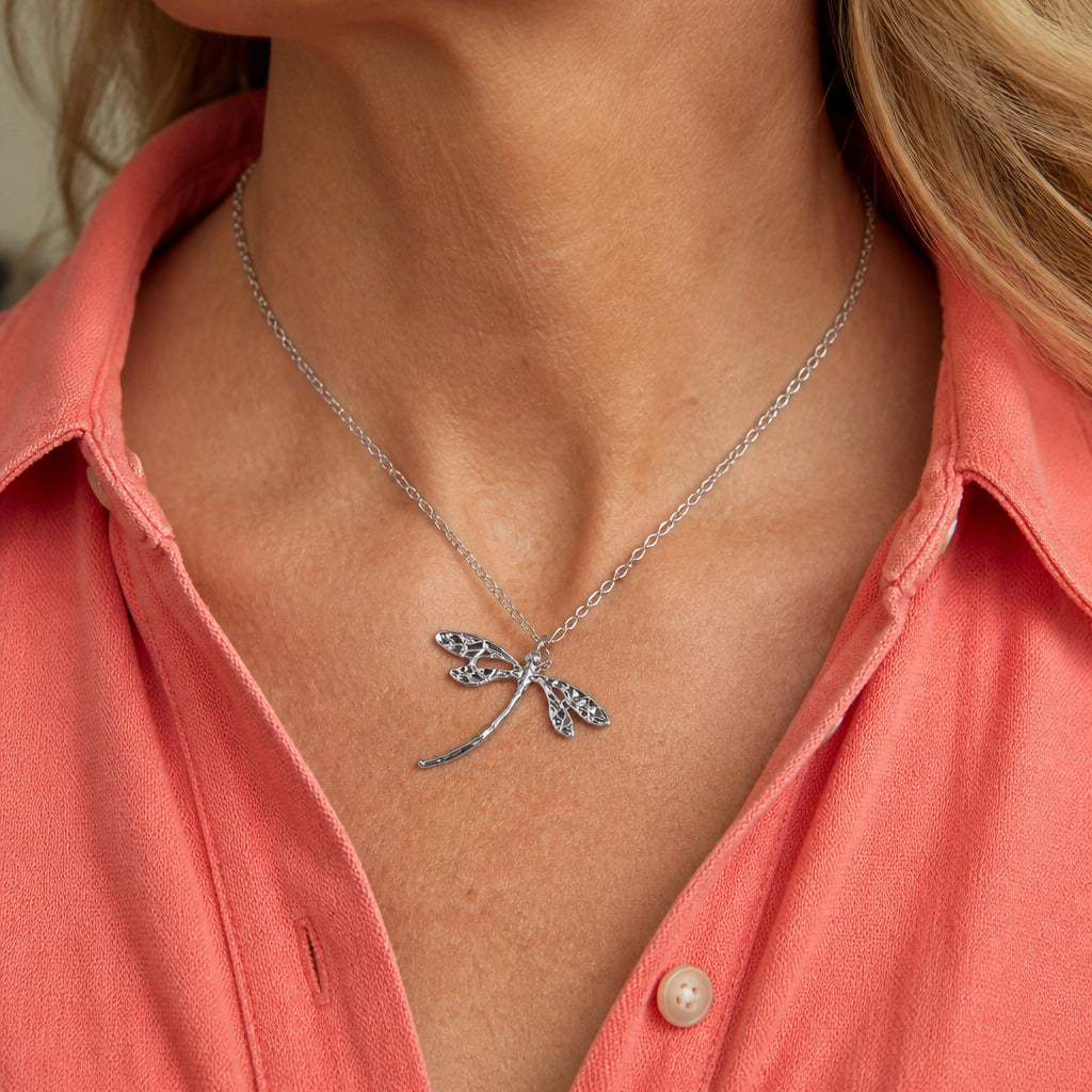 Dragonfly Pendant Necklace with Filigree Wing Detail — main image