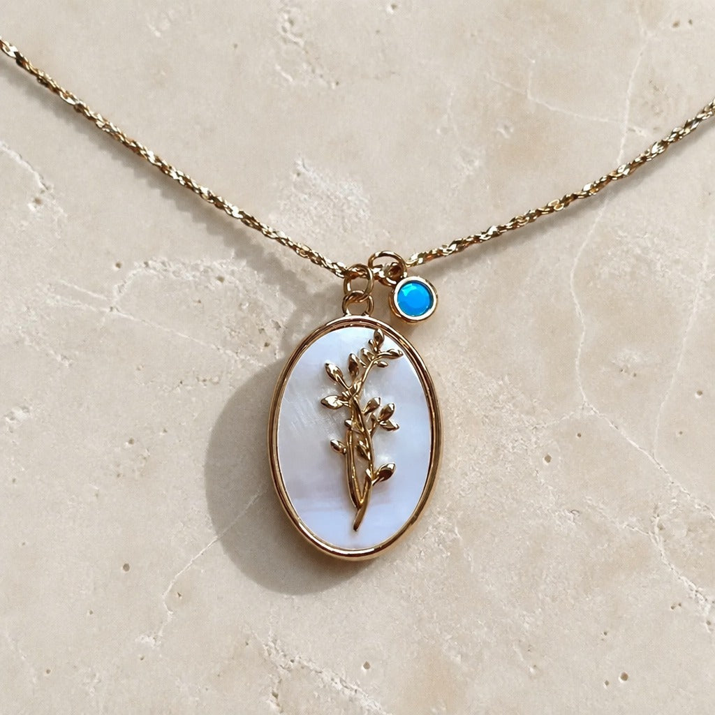 Oval Flower Pendant Necklace with Pearlescent Inlay and Birthstone Charm — view 13