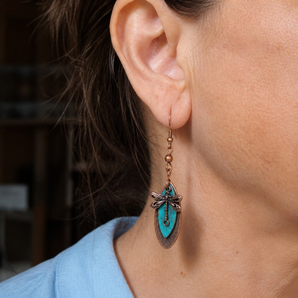 Dragonfly Turquoise Dangle Earrings with Antiqued Copper Finish — main image