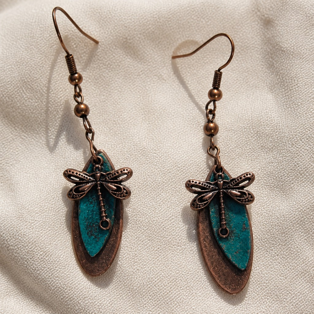 Dragonfly Turquoise Dangle Earrings with Antiqued Copper Finish — view 2