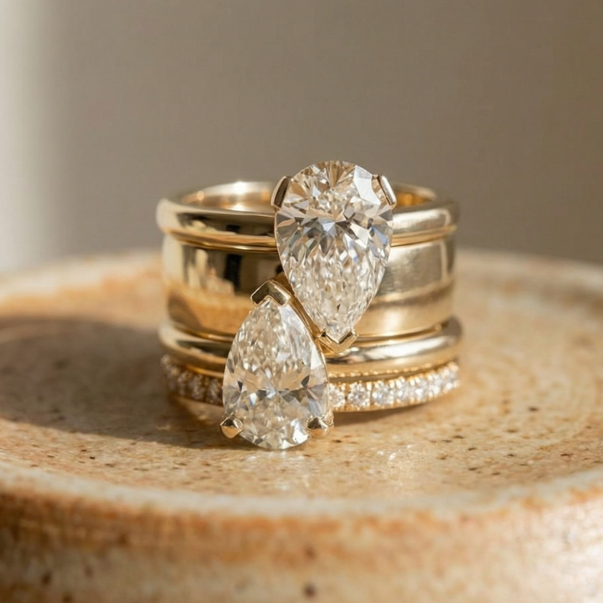 Gold-Tone Ring and Bracelet Set - Sculptural Zirconia Ring and Open Cuff Bangle - 2 Pieces