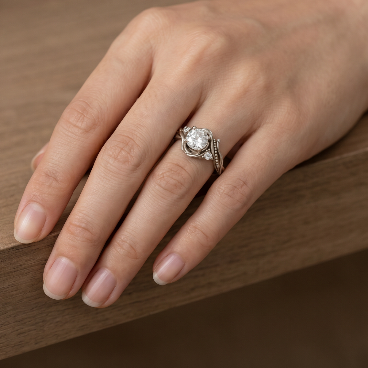 Branch Halo Zirconia Ring with Scroll Detail