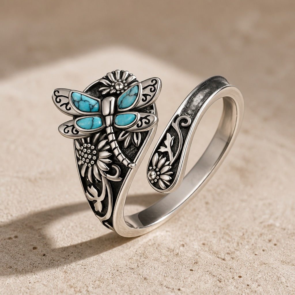 Dragonfly & Flower Engraved Ring with Turquoise Inlay, Adjustable Silver-Tone Band — main image