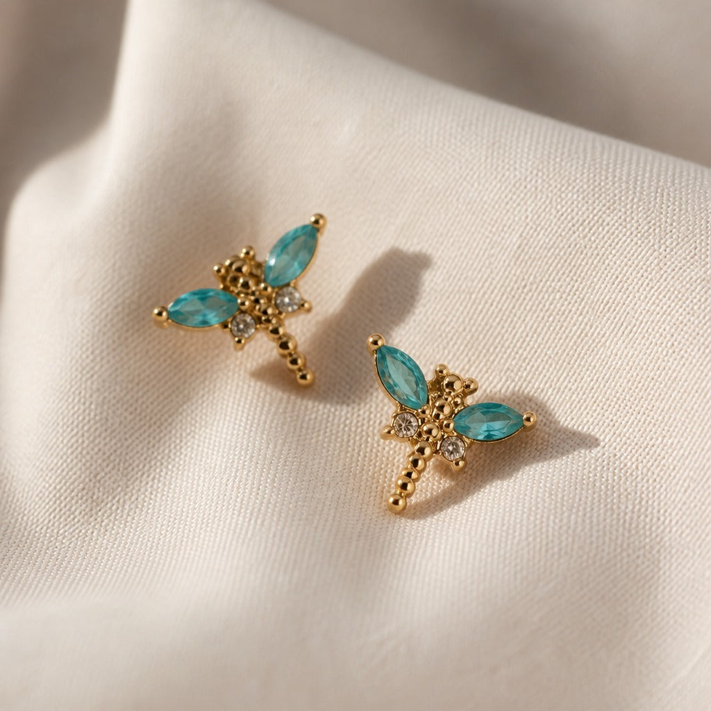 Dragonfly Turquoise Stud Earrings with Gold-Tone Beaded Frame — view 2