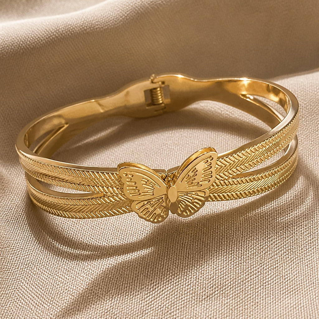 Butterfly Cuff Bracelet with Engraved Wings and Herringbone Band — main image