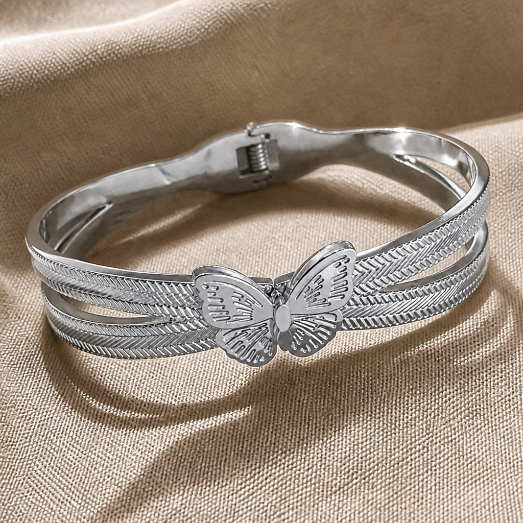 Butterfly Cuff Bracelet with Engraved Wings and Herringbone Band — view 2