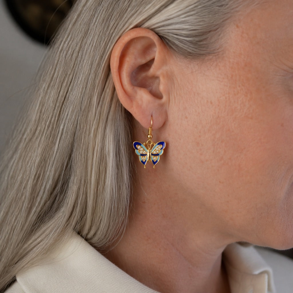 Blue Enamel Butterfly Drop Earrings with Rhinestone Detail — view 2