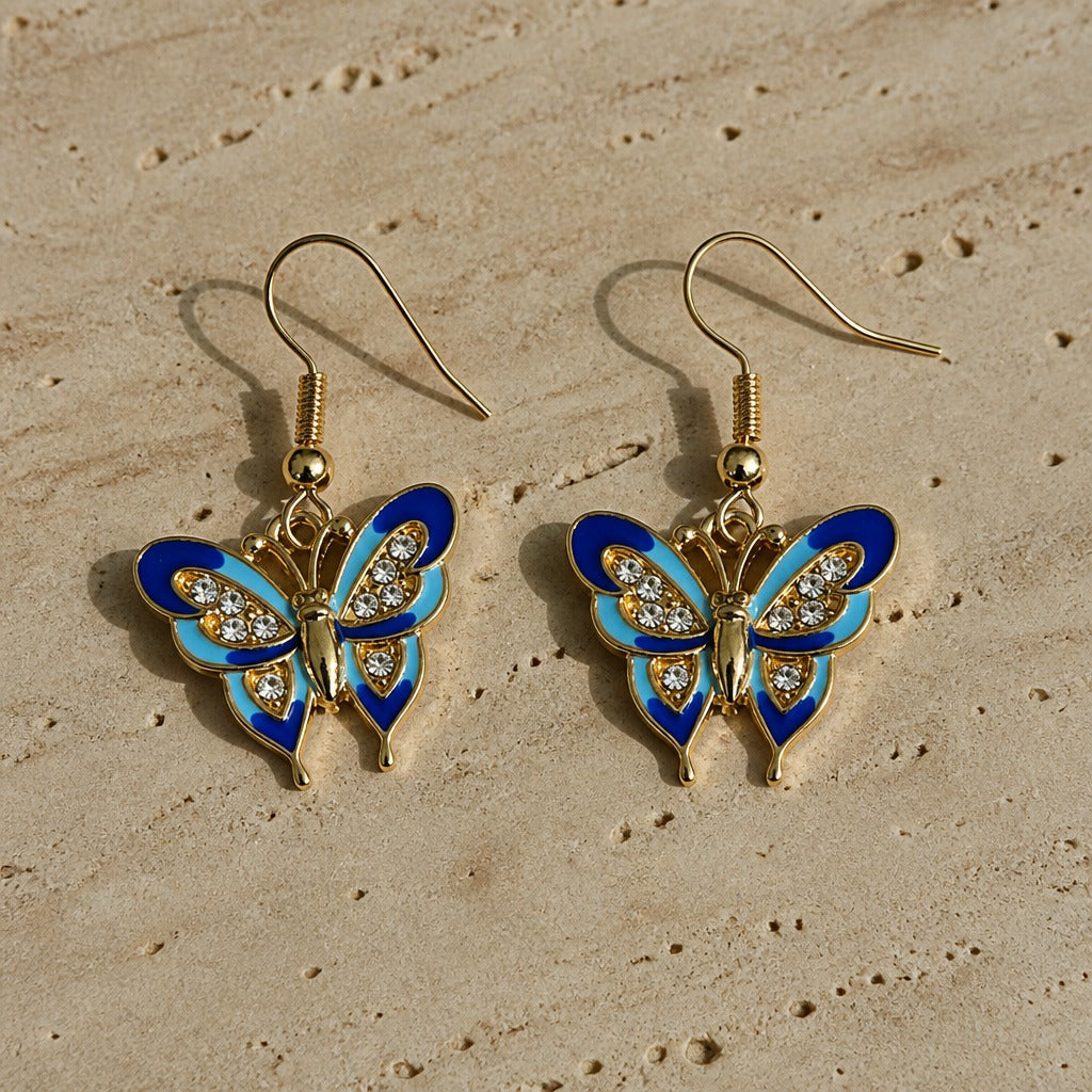 Blue Enamel Butterfly Drop Earrings with Rhinestone Detail — main image