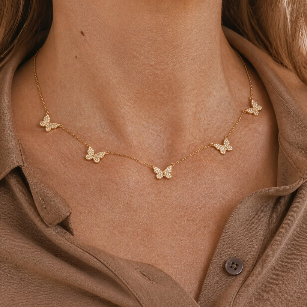 Butterfly Charm Necklace with Zirconia Accents, Gold-Tone Cable Chain — main image