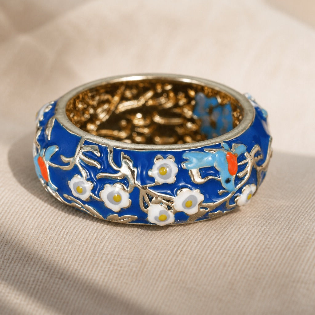 Blue Floral Bird Cloisonné Ring with Gold-Tone Domed Band — main image