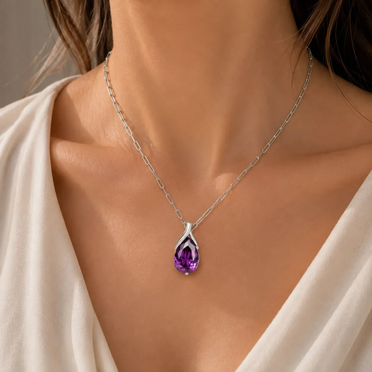 Teardrop Amethyst Pendant Necklace with Paperclip Chain