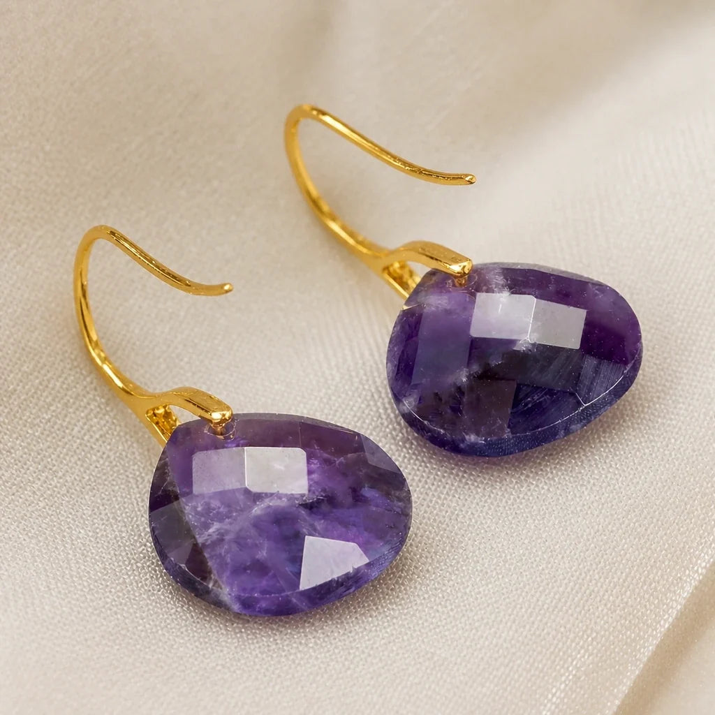 Faceted Teardrop Amethyst Drop Earrings in Gold Tone
