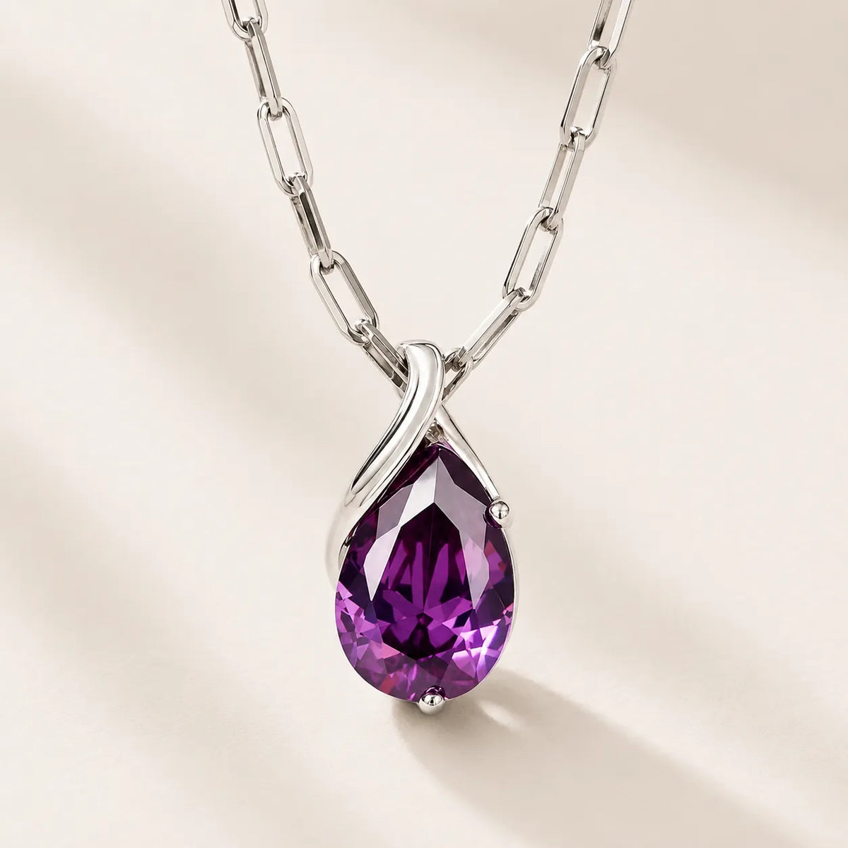 Teardrop Amethyst Pendant Necklace with Paperclip Chain