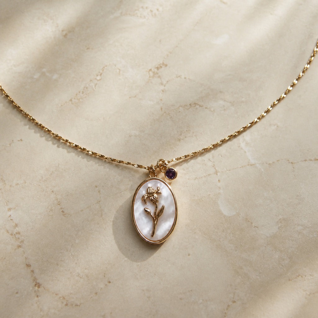 Oval Flower Pendant Necklace with Pearlescent Inlay and Birthstone Charm — view 3