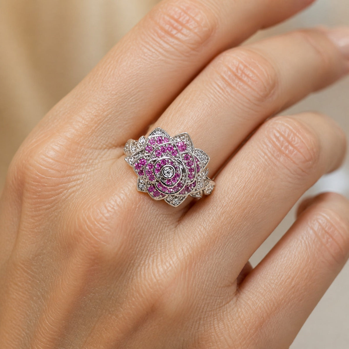 Rose Flower Cocktail Ring with Purple Gemstones and Pavé Accents — view 2