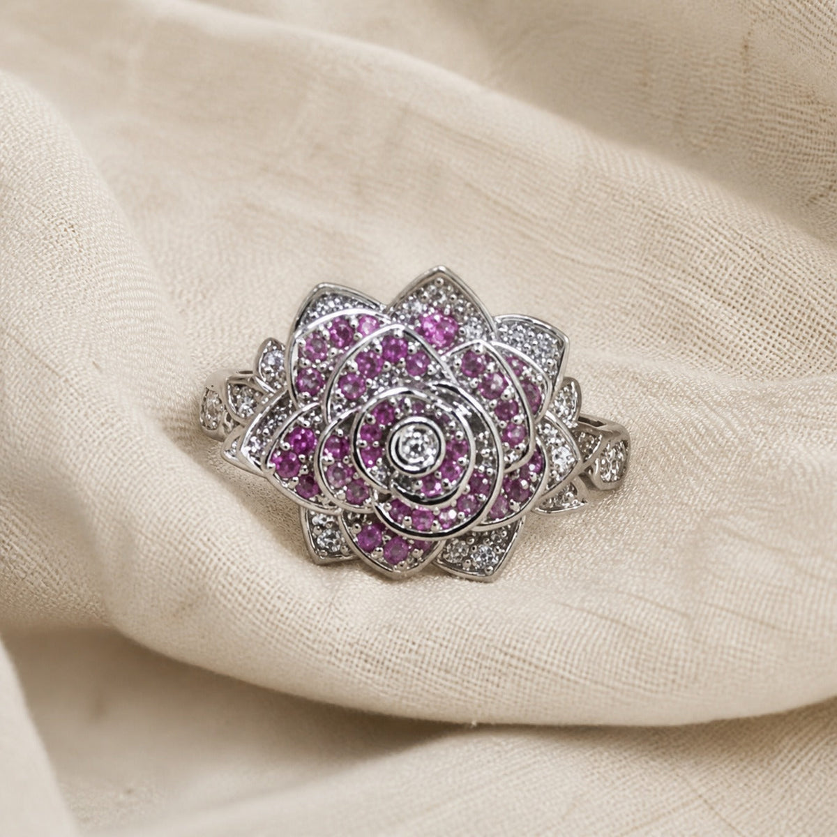 Rose Flower Cocktail Ring with Purple Gemstones and Pavé Accents — main image