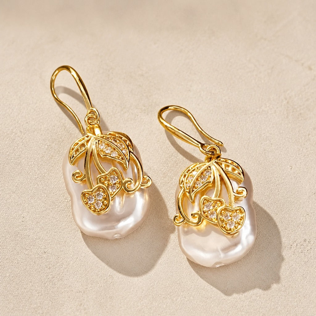 Irregular Baroque Pearl Drop Earrings with Gold-Tone Leaf Filigree — view 2