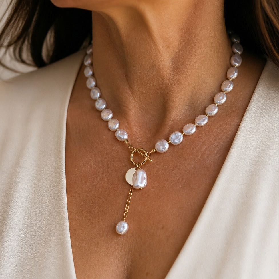 Baroque Pearl-Style Lariat Necklace with Toggle Clasp — main image