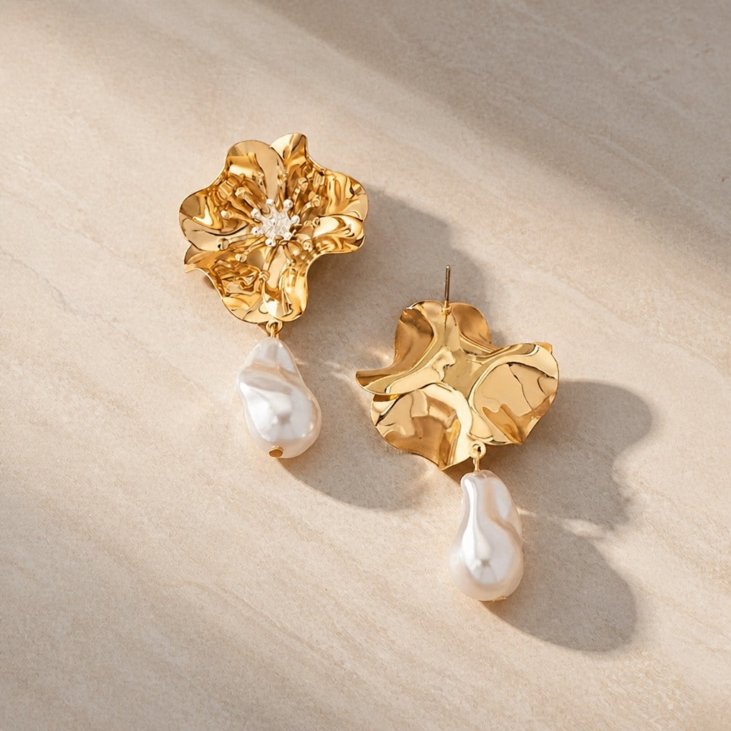 Baroque Pearl Flower Drop Earrings with Sculptural Petal Detail — view 2