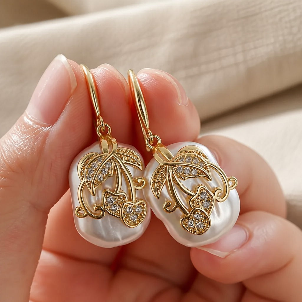 Irregular Baroque Pearl Drop Earrings with Gold-Tone Leaf Filigree — main image