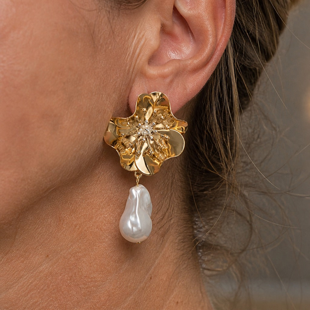 Baroque Pearl Flower Drop Earrings with Sculptural Petal Detail — main image