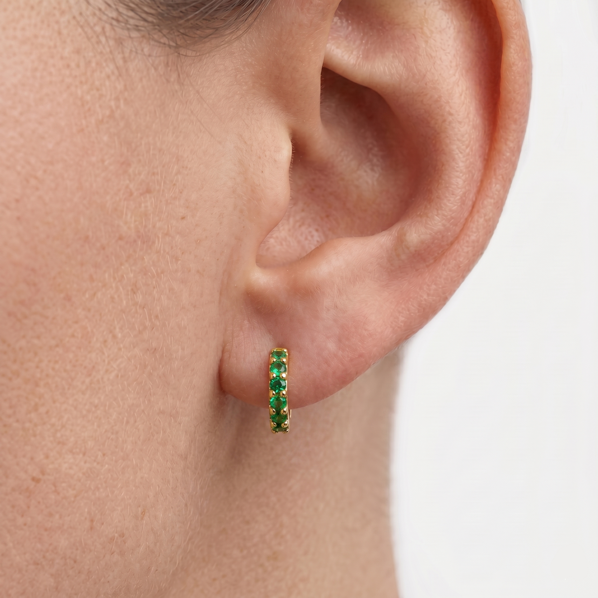 Emerald Hoop Earrings with Channel-Set Stones in Gold Tone