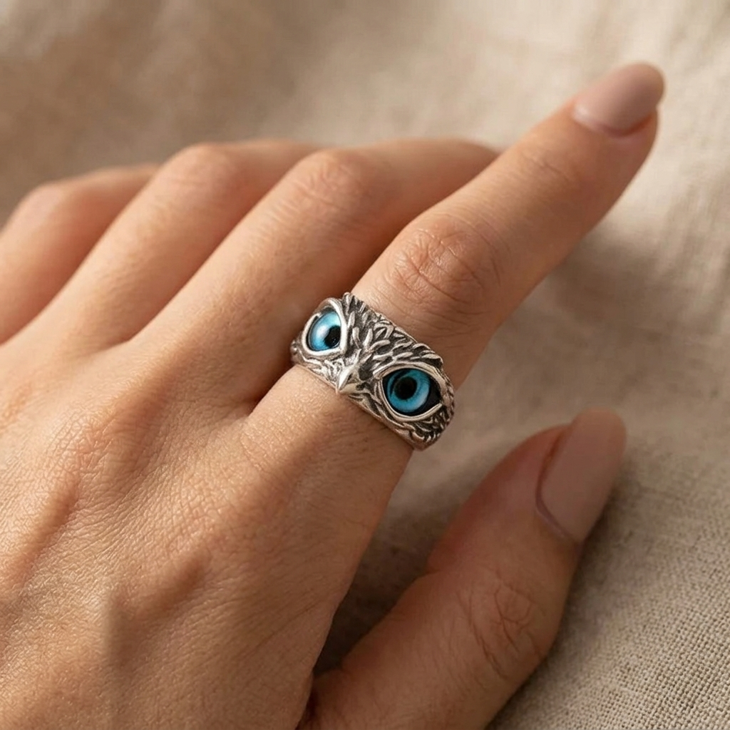 Owl of good luck adjustable ring in silver and opal
