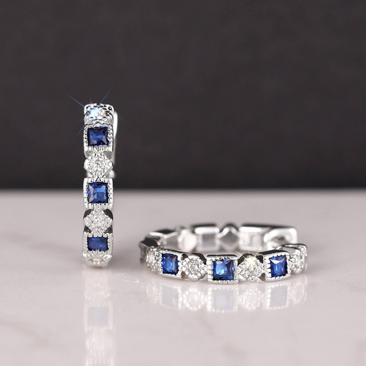 Geometric Blue Zircon Hoop Earrings with Clear Accent Stones — view 3