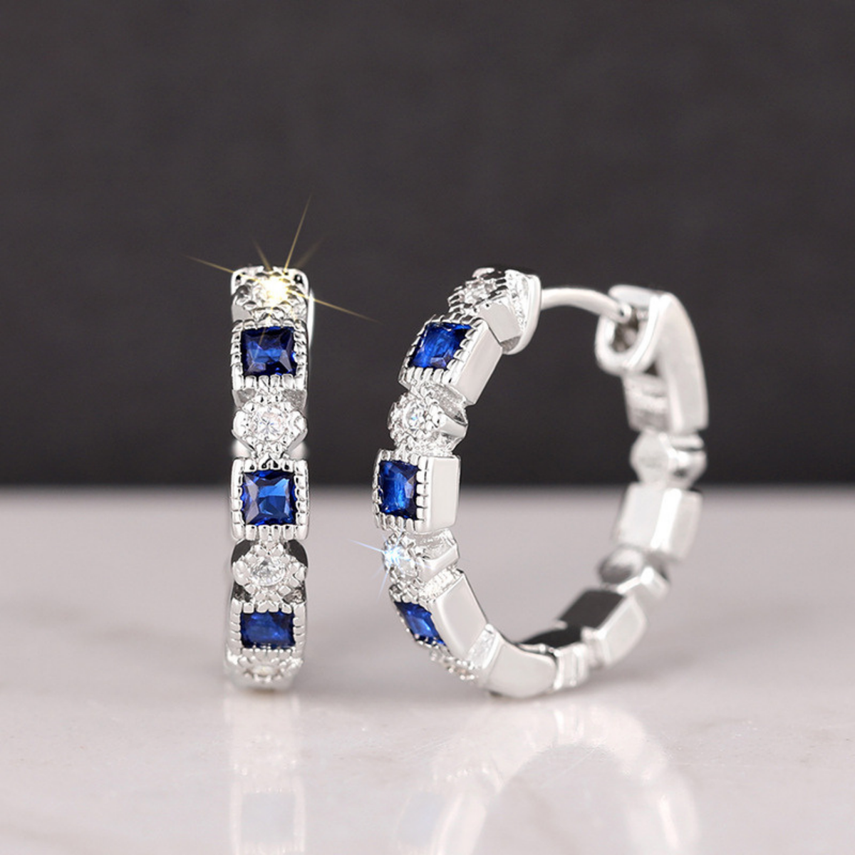 Geometric Blue Zircon Hoop Earrings with Clear Accent Stones — view 2