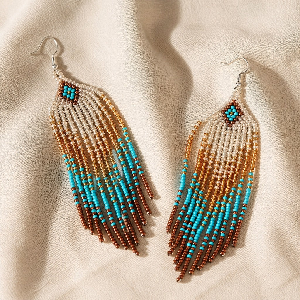 Turquoise & Rust Ombré Beaded Tassel Earrings — main image