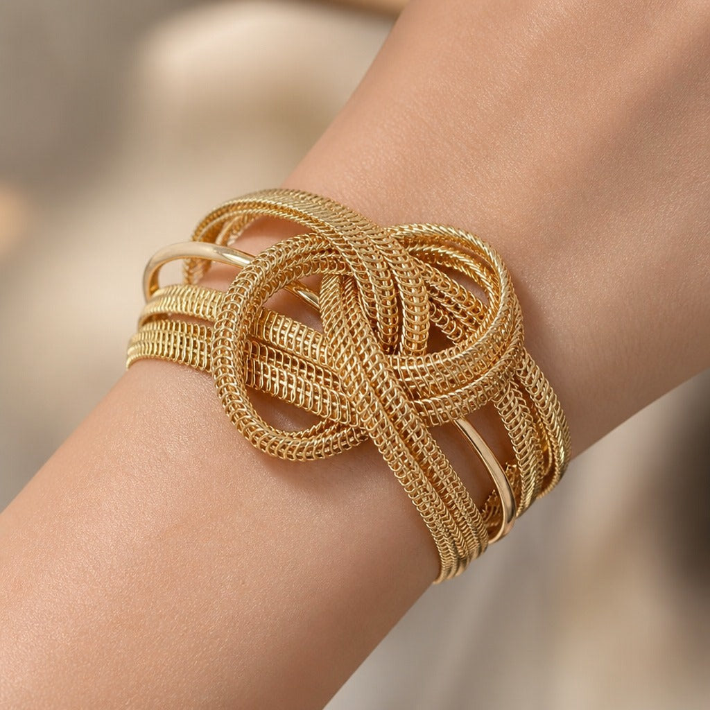 Geometric Open Cuff Bracelet with Interlocking Woven Mesh Bands — main image
