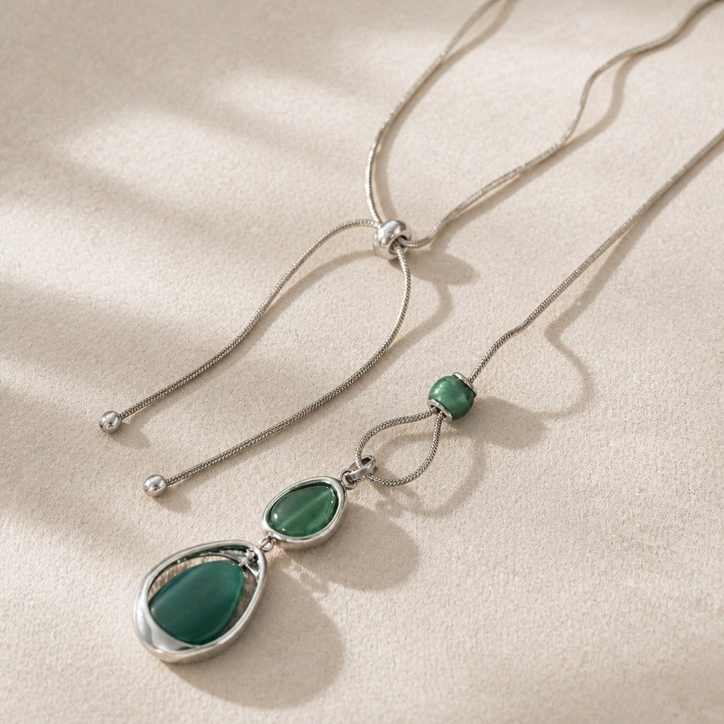 Cascading Green Stone Pendant Necklace with Adjustable Silver Chain — main image