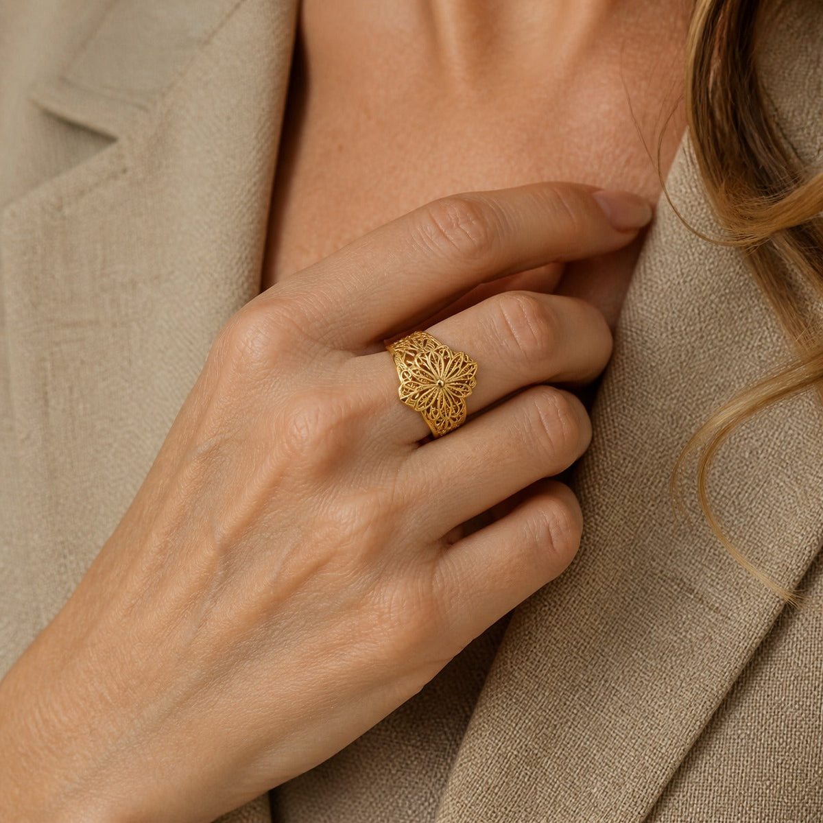 Floral Filigree Gold-Tone Statement Ring with Open Bloom Design — view 2