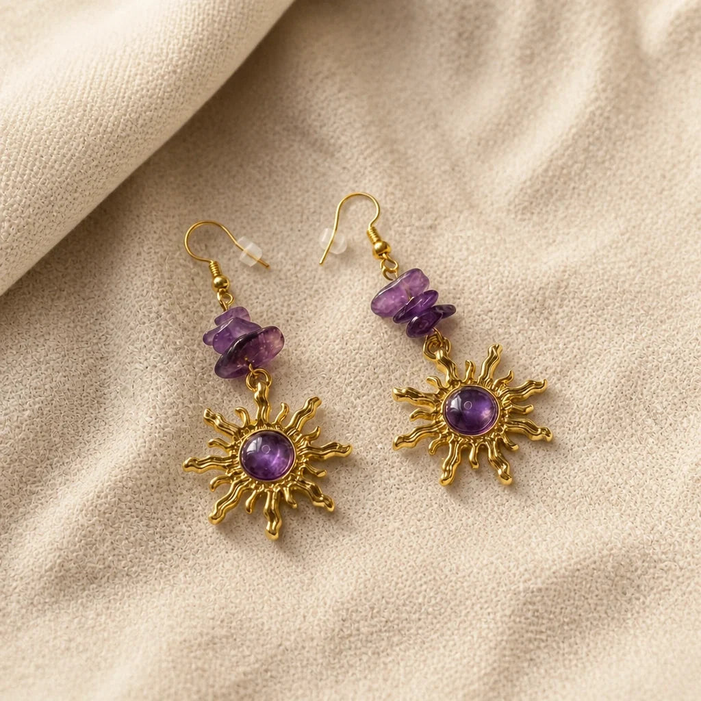 Sun Charm Amethyst Drop Earrings with Gold-Tone Beads