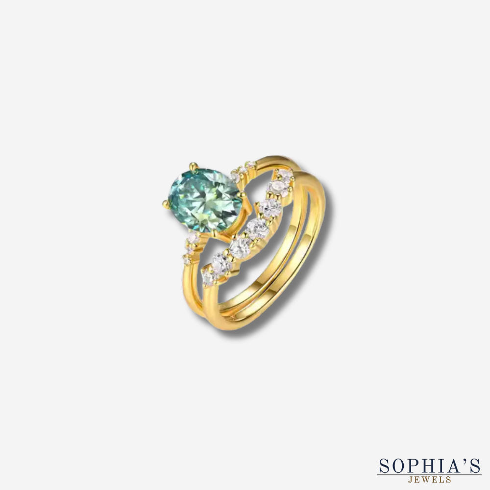 Oval Green Moissanite Bridal Ring Set with Curved Wedding Band — view 5