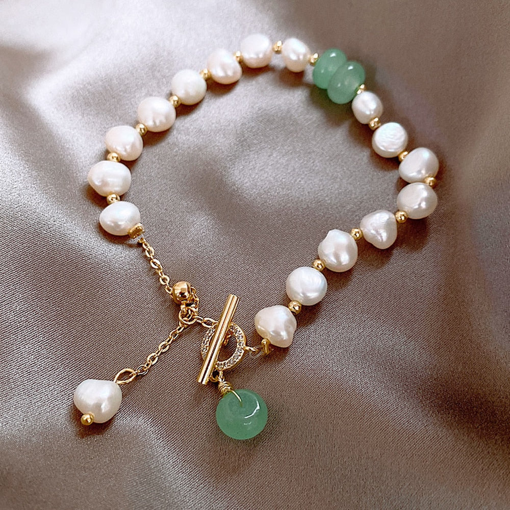 Pearl and Green Stone Beaded Bracelet with Gold-Tone Toggle Clasp — view 2