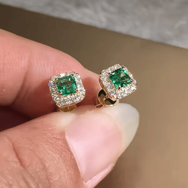 Cushion-Cut Emerald Halo Stud Earrings in Gold Tone
